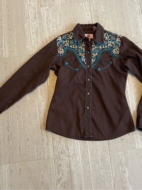 Wired Heart Women M Brown Western Shirt Long Slv Floral Embroidered Pearl Snap